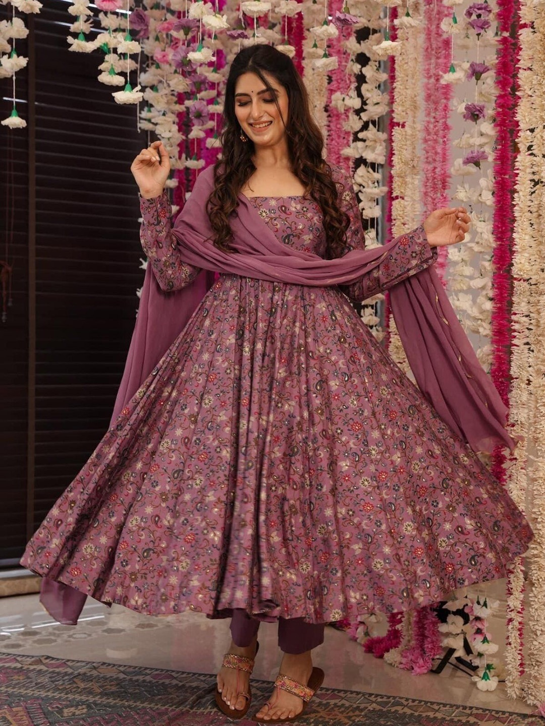 

Idaho Clothing Women Floral Printed Anarkali Kurta with Trouser & Dupatta, Purple