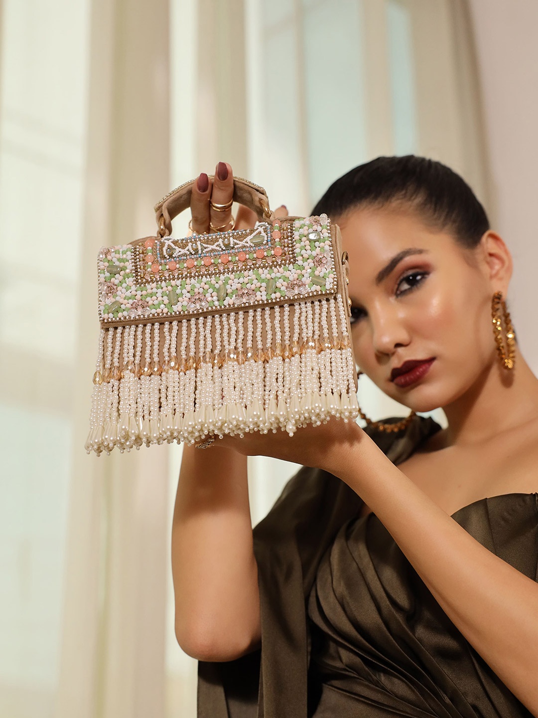 

THE TAN CLAN Women Kiara Embellished Miniature Satchel Bag, Beige