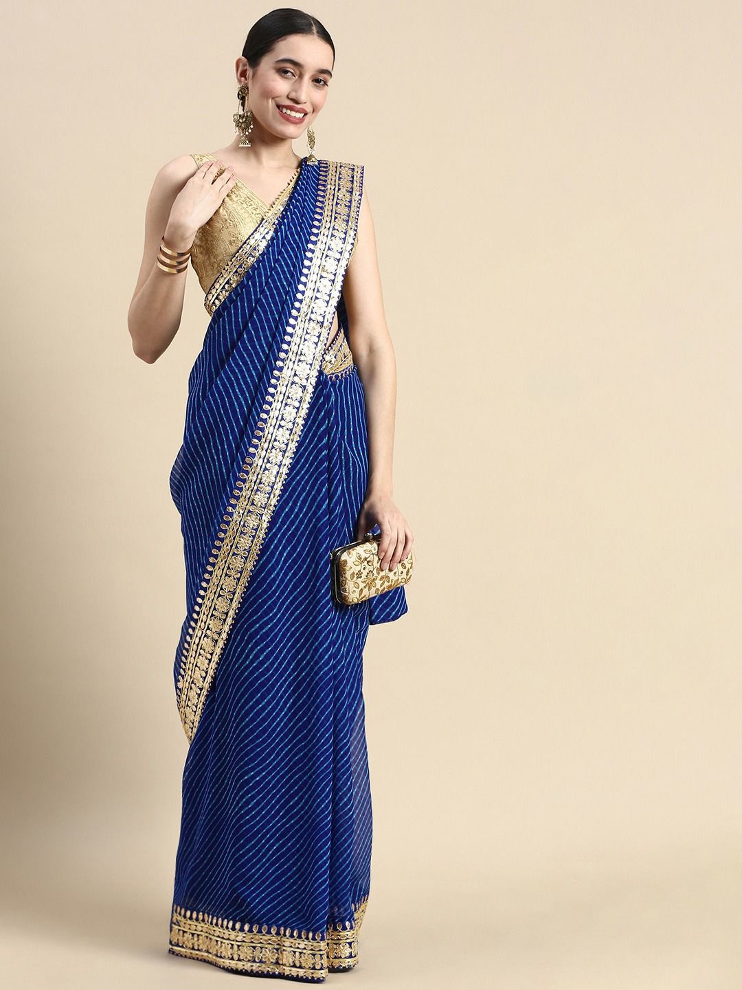 

DIVASTRI Leheriya Printed Gotta Patti Leheriya Saree, Blue