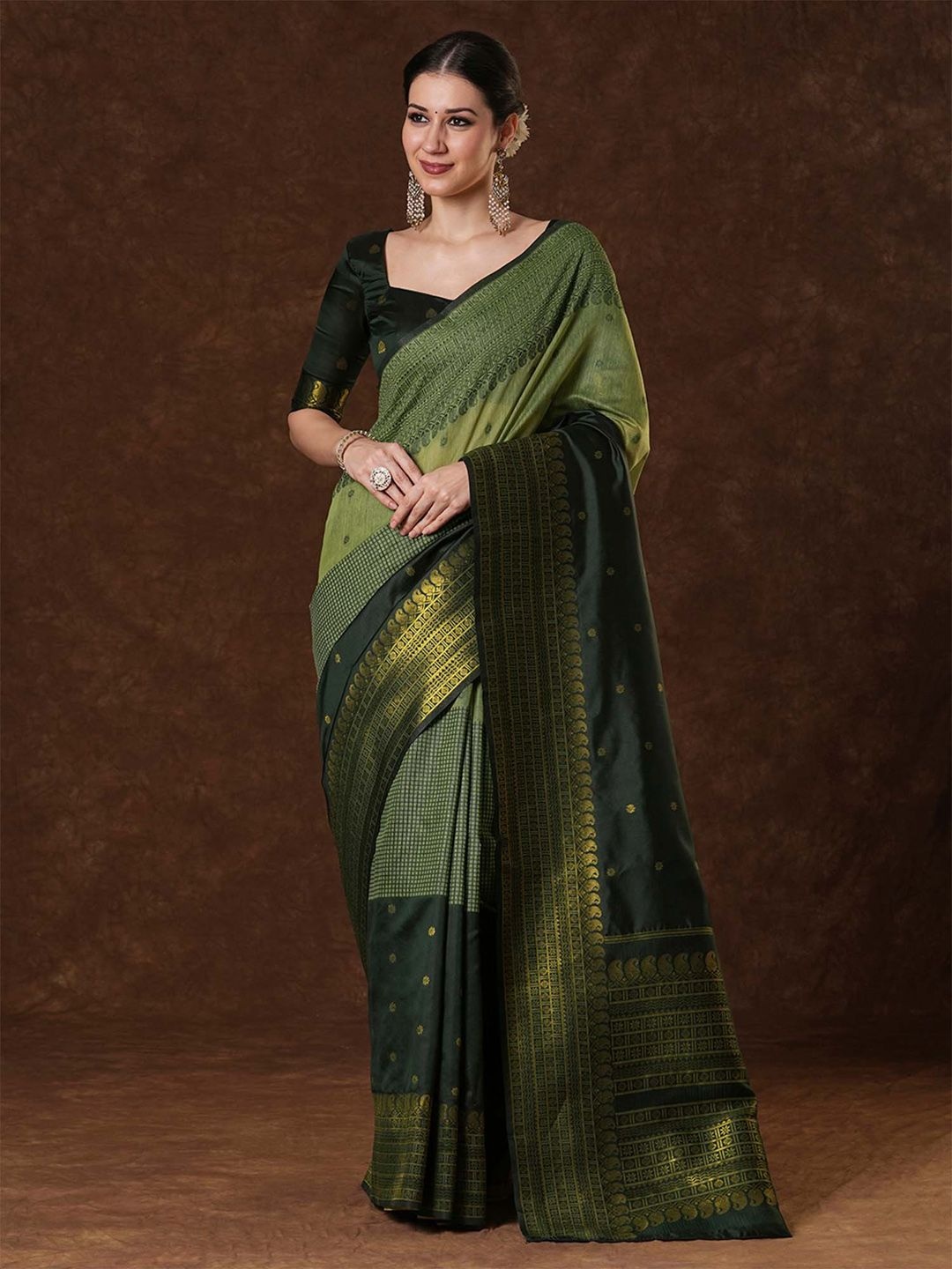 

Saree mall Checked Zari Venkatgiri Sarees, Green