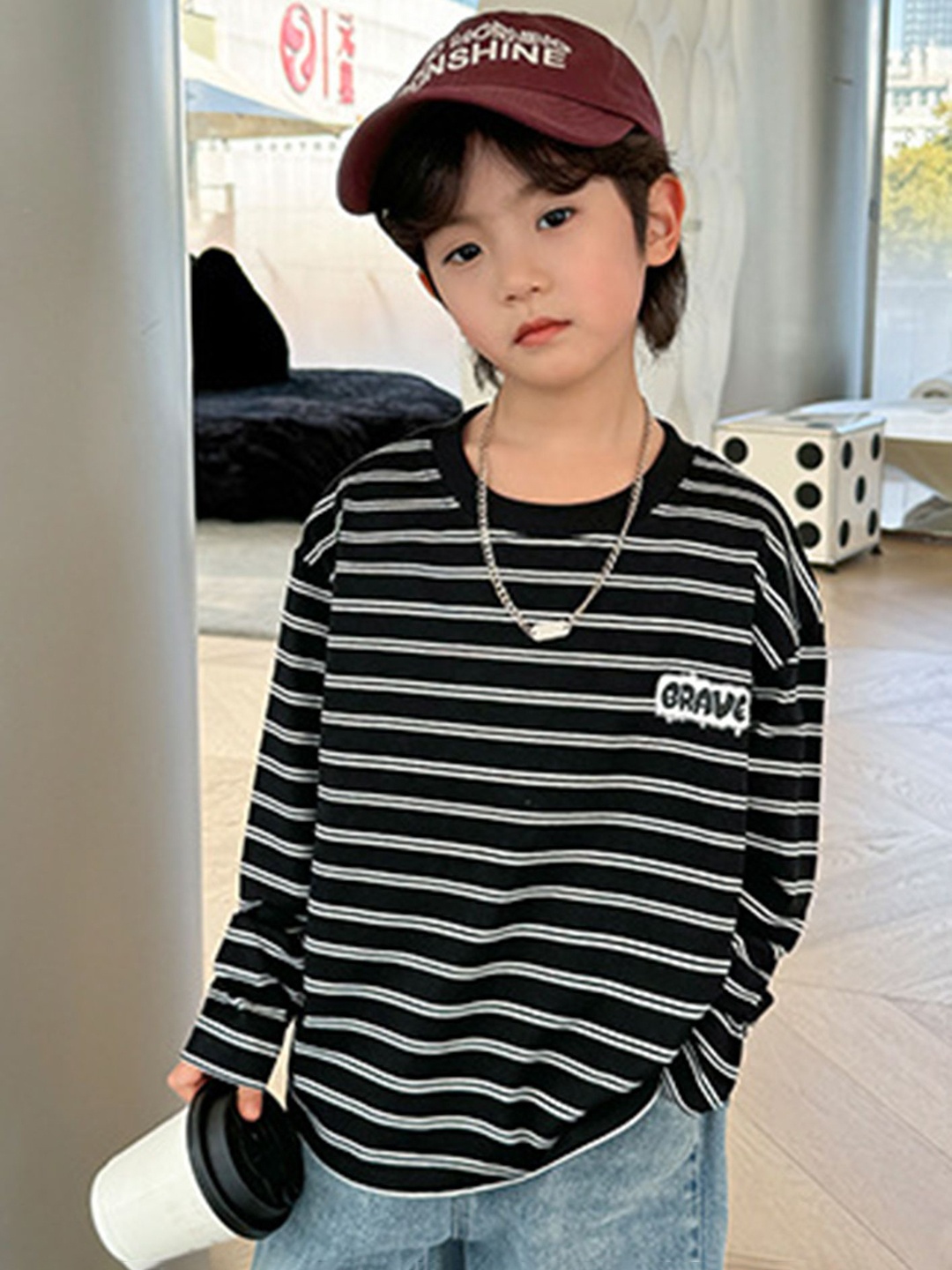 

LULU & SKY Boys Striped Round Neck Cotton Relaxed Fit T-shirt, Black