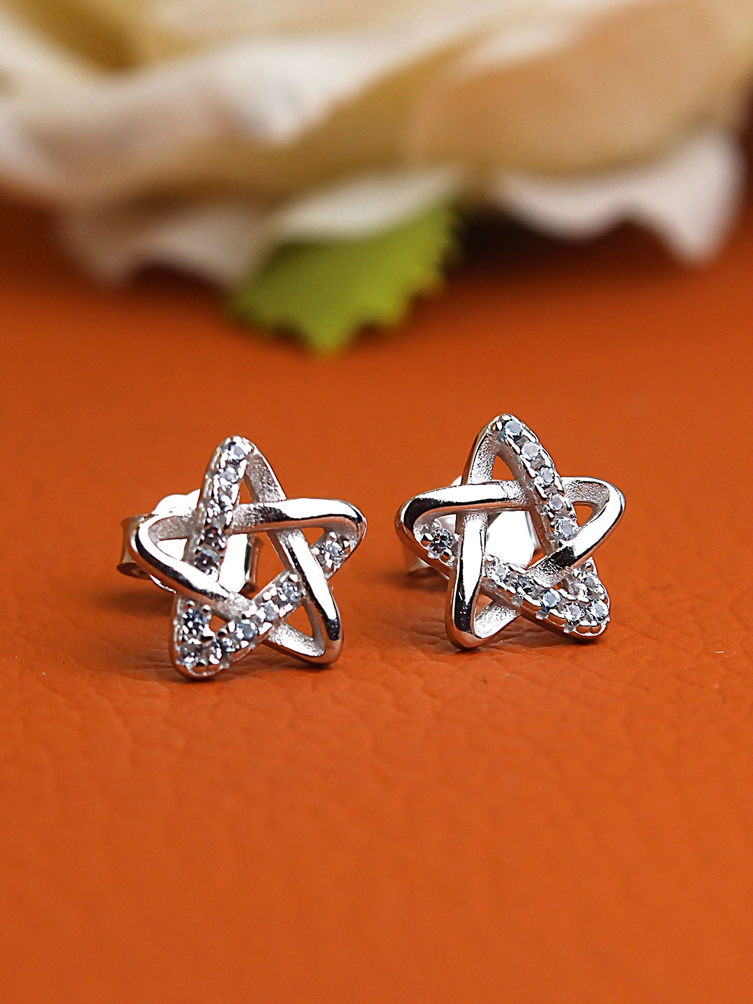 

DEVASHREE 925 Silver Rhodium-Plated Aqua Cubic Zirconia Studded Star Shaped Studs