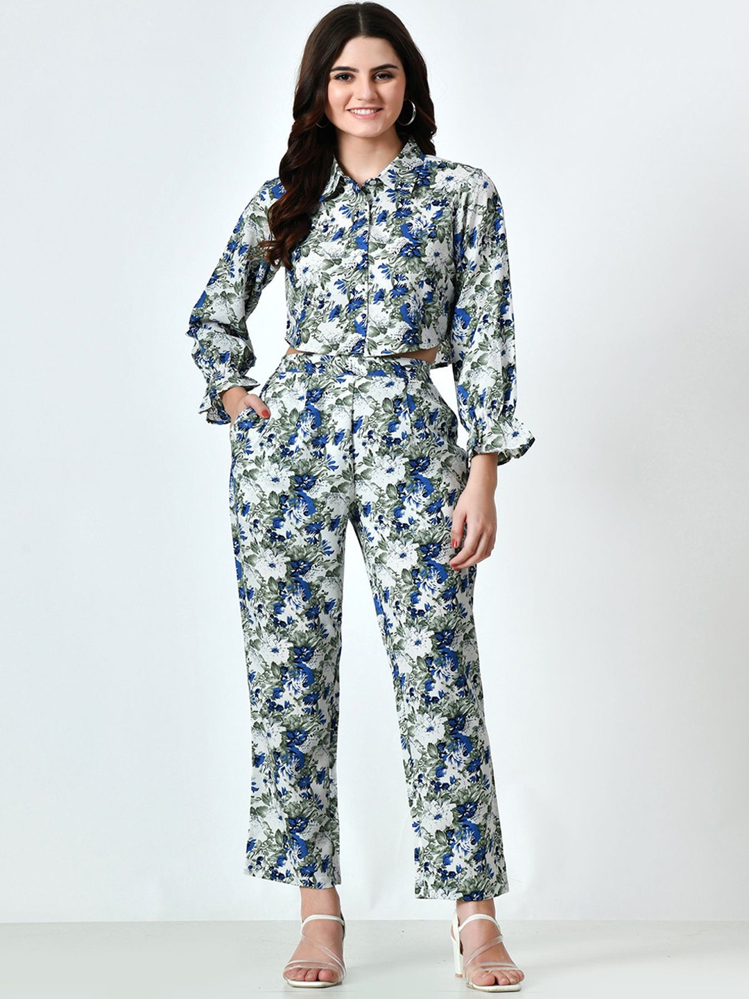 

VAPPSYAM Printed Shirt Collar Neck Top With Trousers Co-Ords, Blue