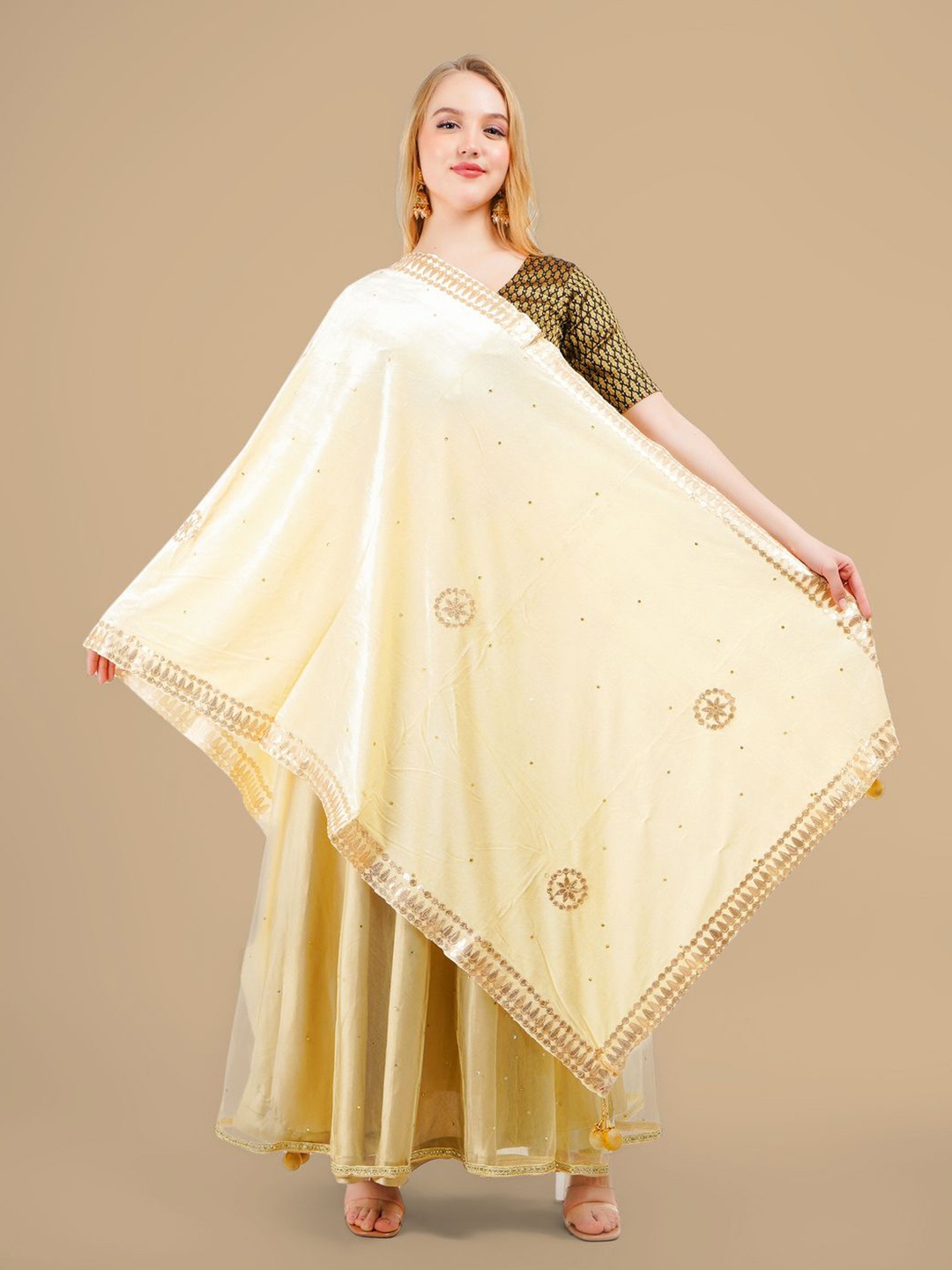 

Karthav Fashion Ethnic Motifs Embroidered Velvet Dupatta With Gotta Patti, Cream