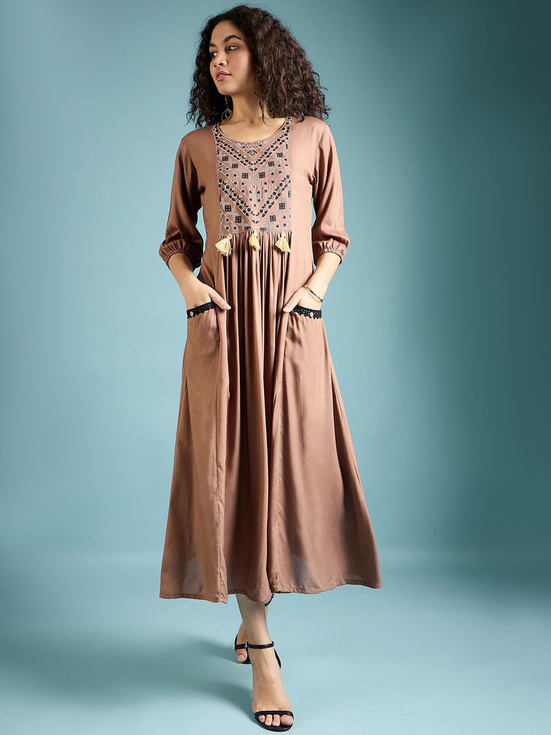 

all about you Embroidered Puff Sleeve Fit & Flare Midi Dress, Brown