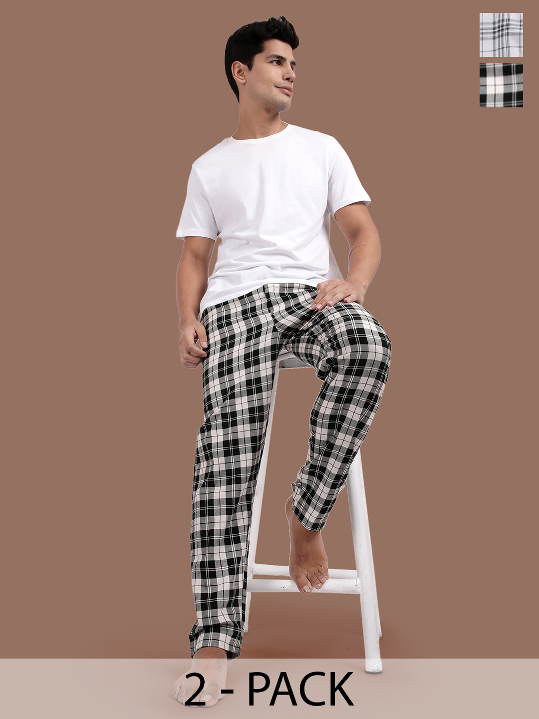 

Kryptic Men Pack Of 2 Checked Pure Cotton Lounge Pants, Black
