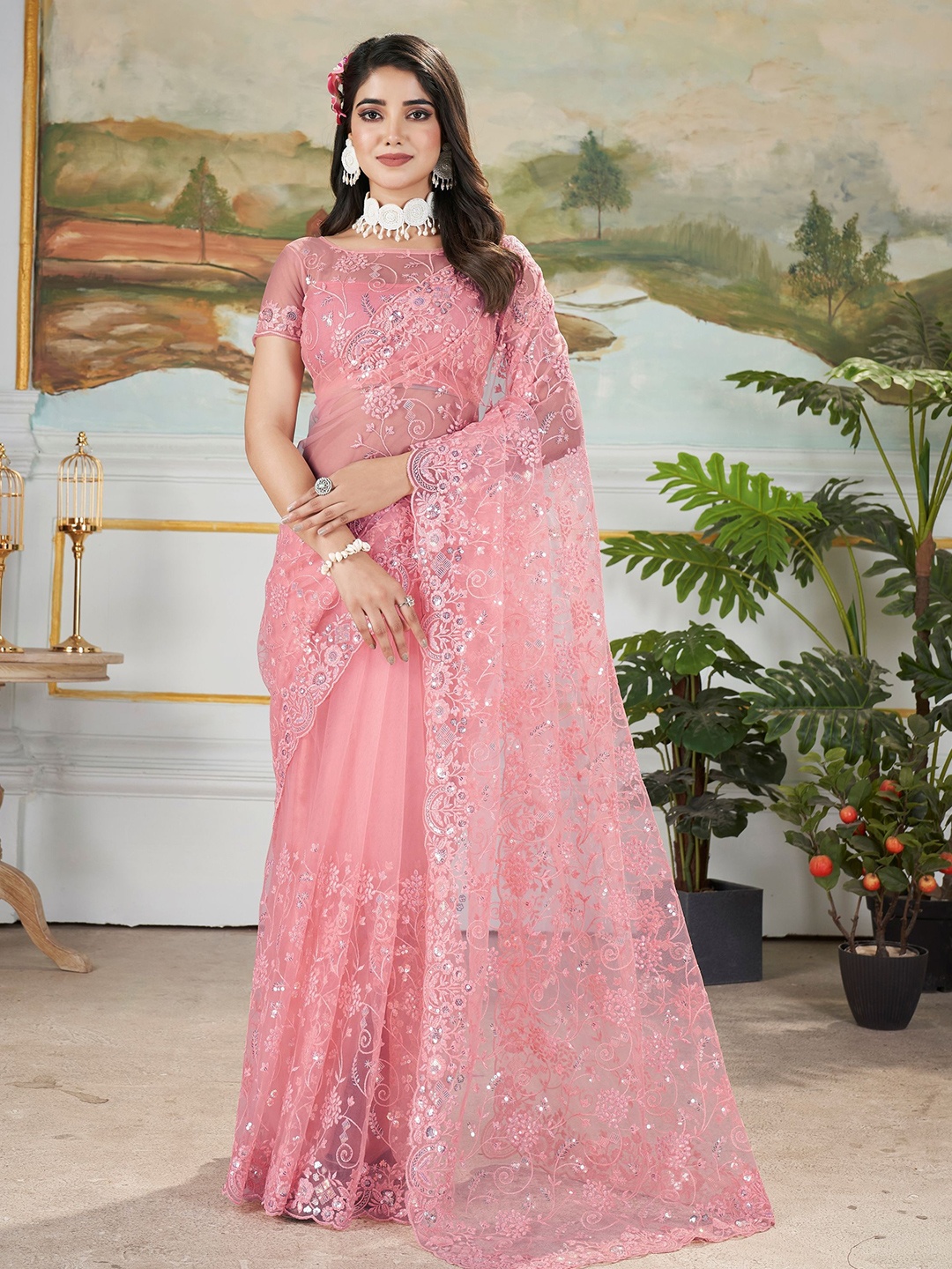 

Vintro Floral Embroidered Net Designer Saree, Rose