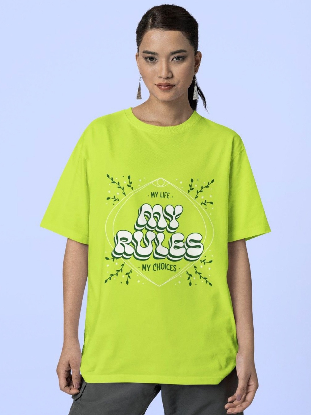 

Reifica Women Typography Printed Drop-Shoulder Sleeves Applique T-shirt, Lime green