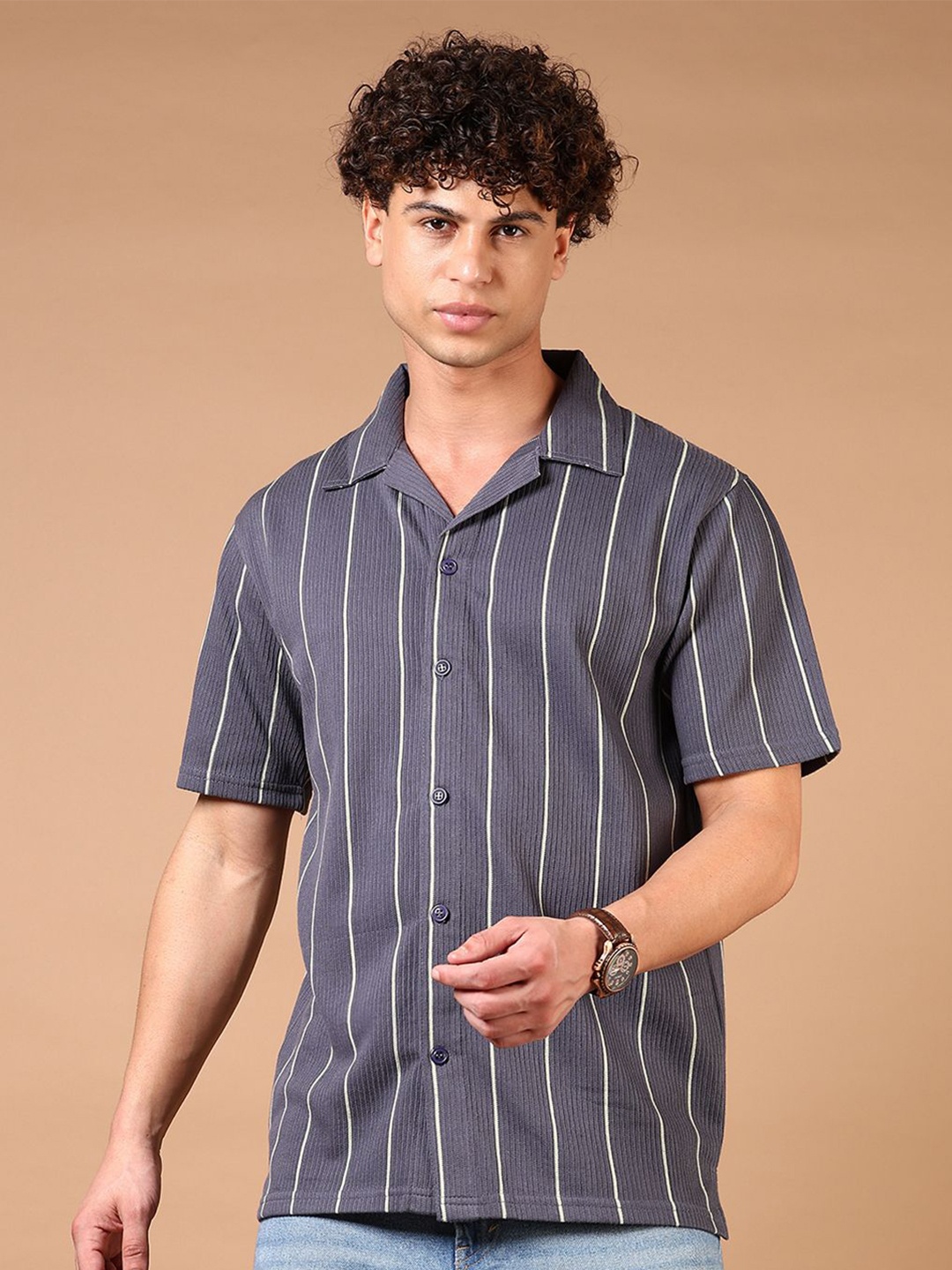 

V-Mart Men Cuban Collar Vertical Striped Cotton Casual Shirt, Grey