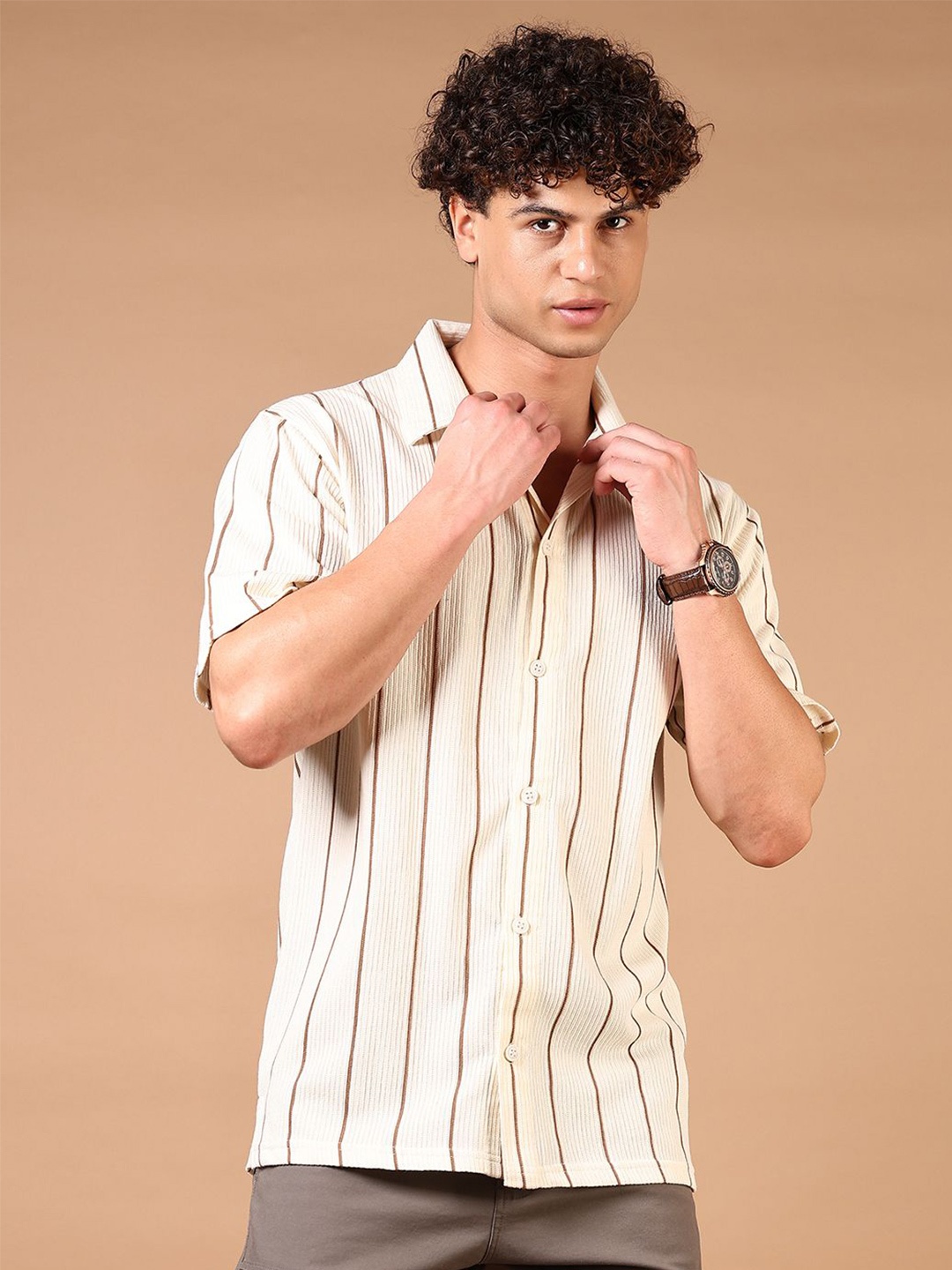 

V-Mart Men Cuban Collar Vertical Striped Cotton Casual Shirt, Off white