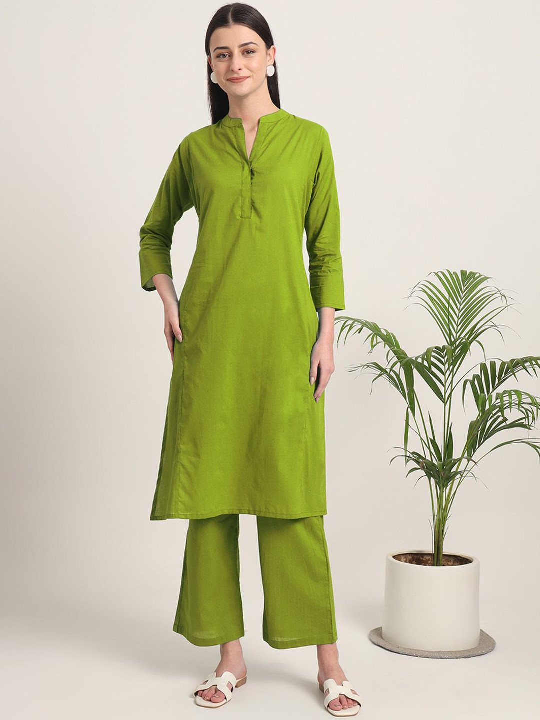 

Thevasa Pure Cotton Mandarin Collar Tunic With Trousers, Green