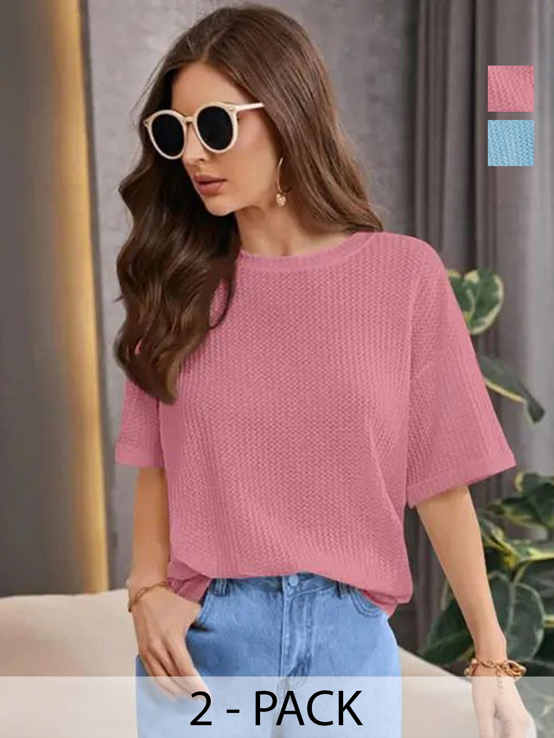 

SRISARAS Women Pack of 2 Self Design Round Neck Cotton Relaxed Fit T-shirts, Peach