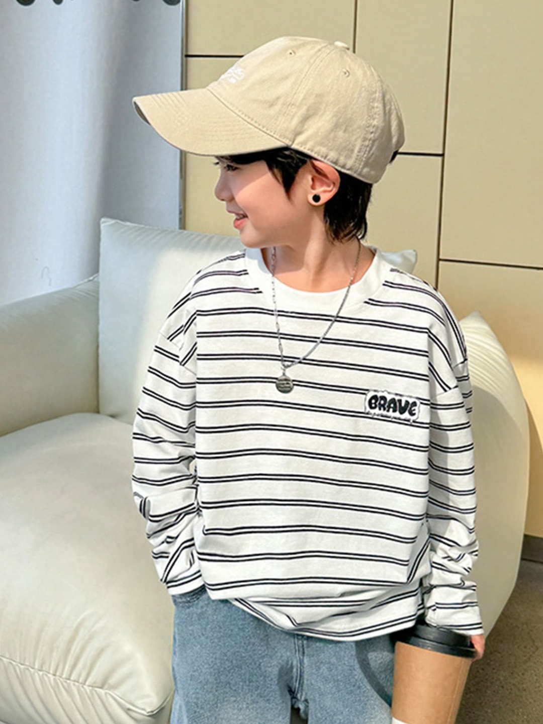 

LULU & SKY Boys Striped Round Neck Cotton Relaxed Fit T-shirt, White