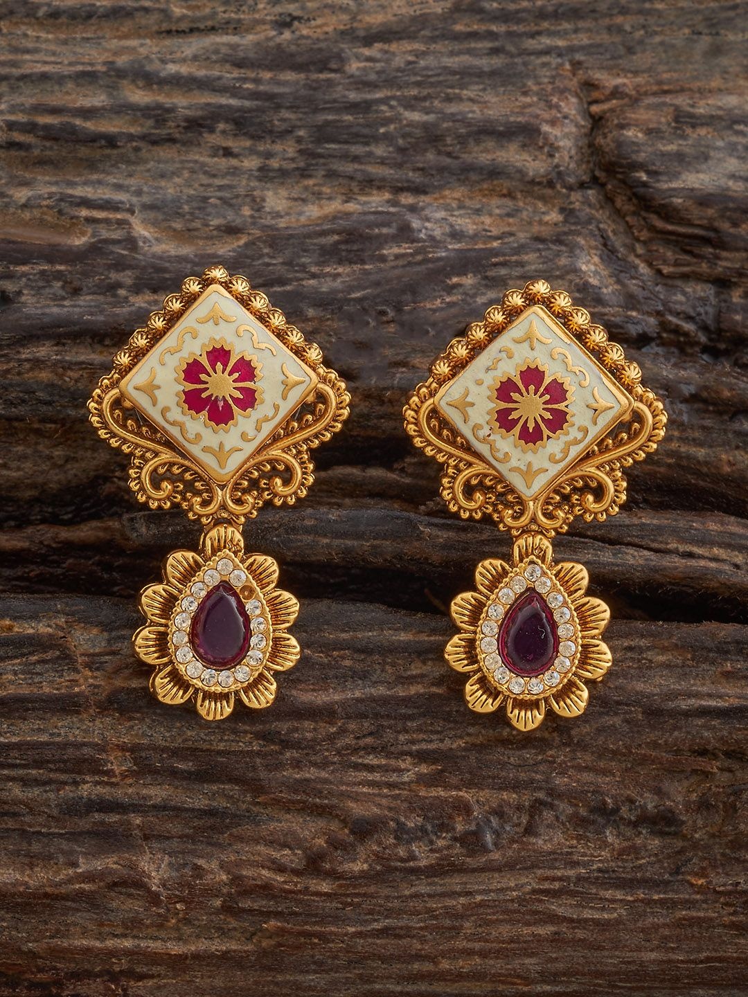 

Kushal's Fashion Jewellery Gold-Plated Teardrop Shaped Antique Drop Earrings