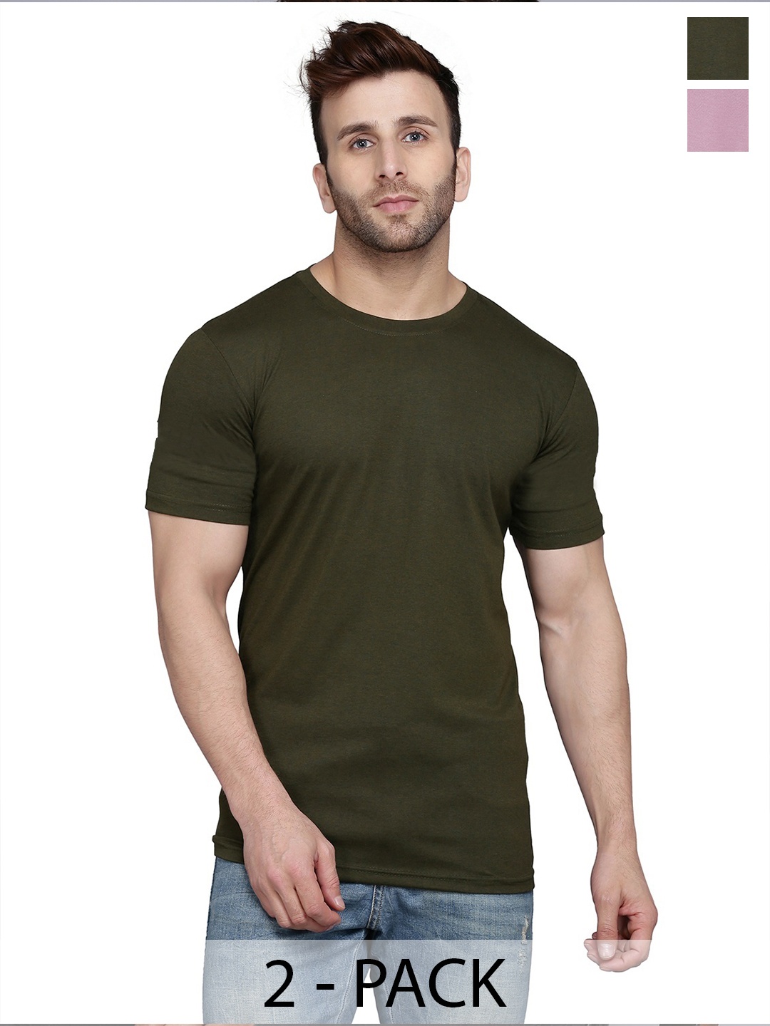 

WOOSTRO Men Pack Of 2 Solid Round Neck Cotton Slim Fit T-shirts, Olive