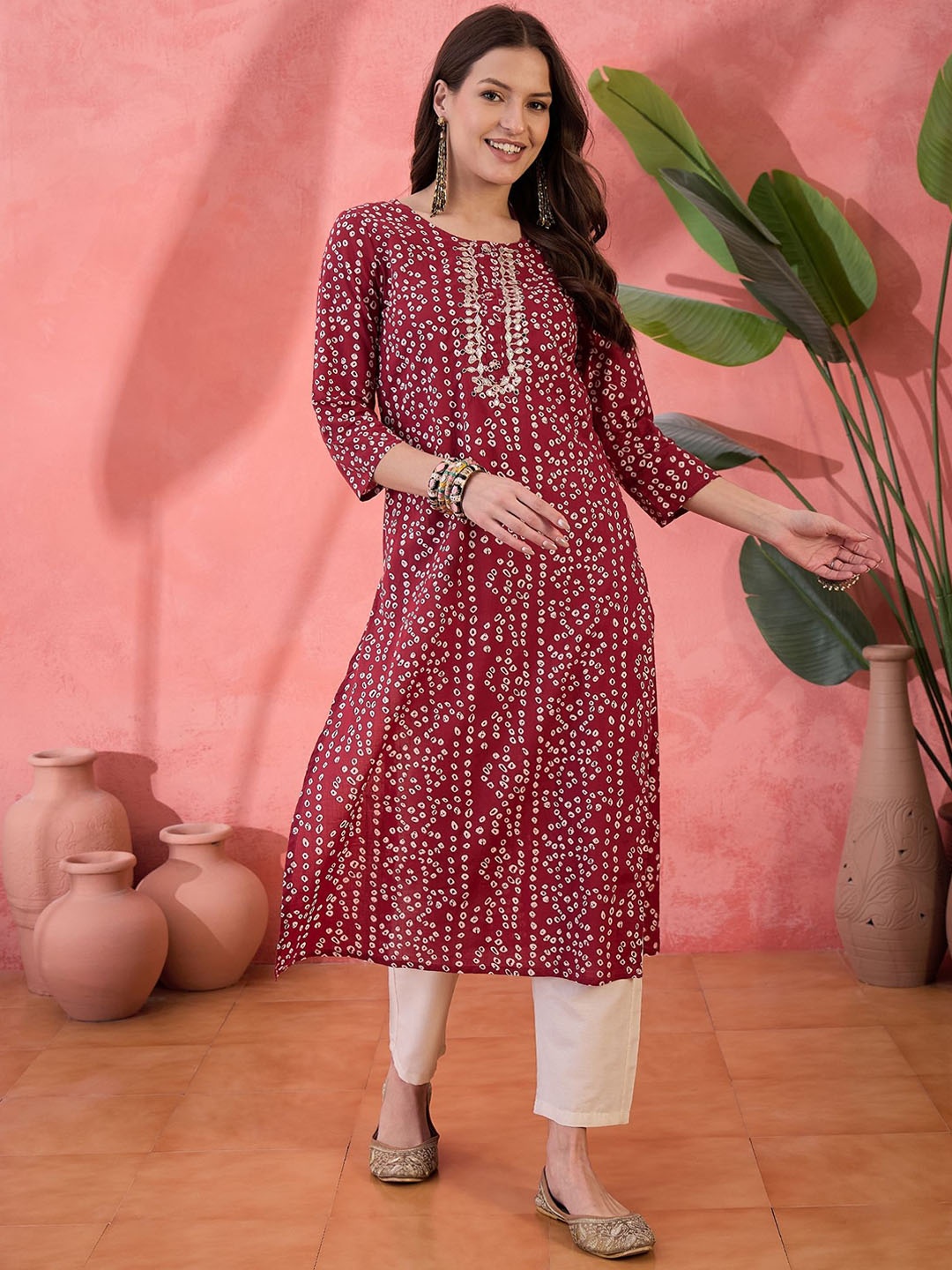 

RangDeep Bandhani Printed Gotta Patti Work Pure Cotton Straight Kurta, Red