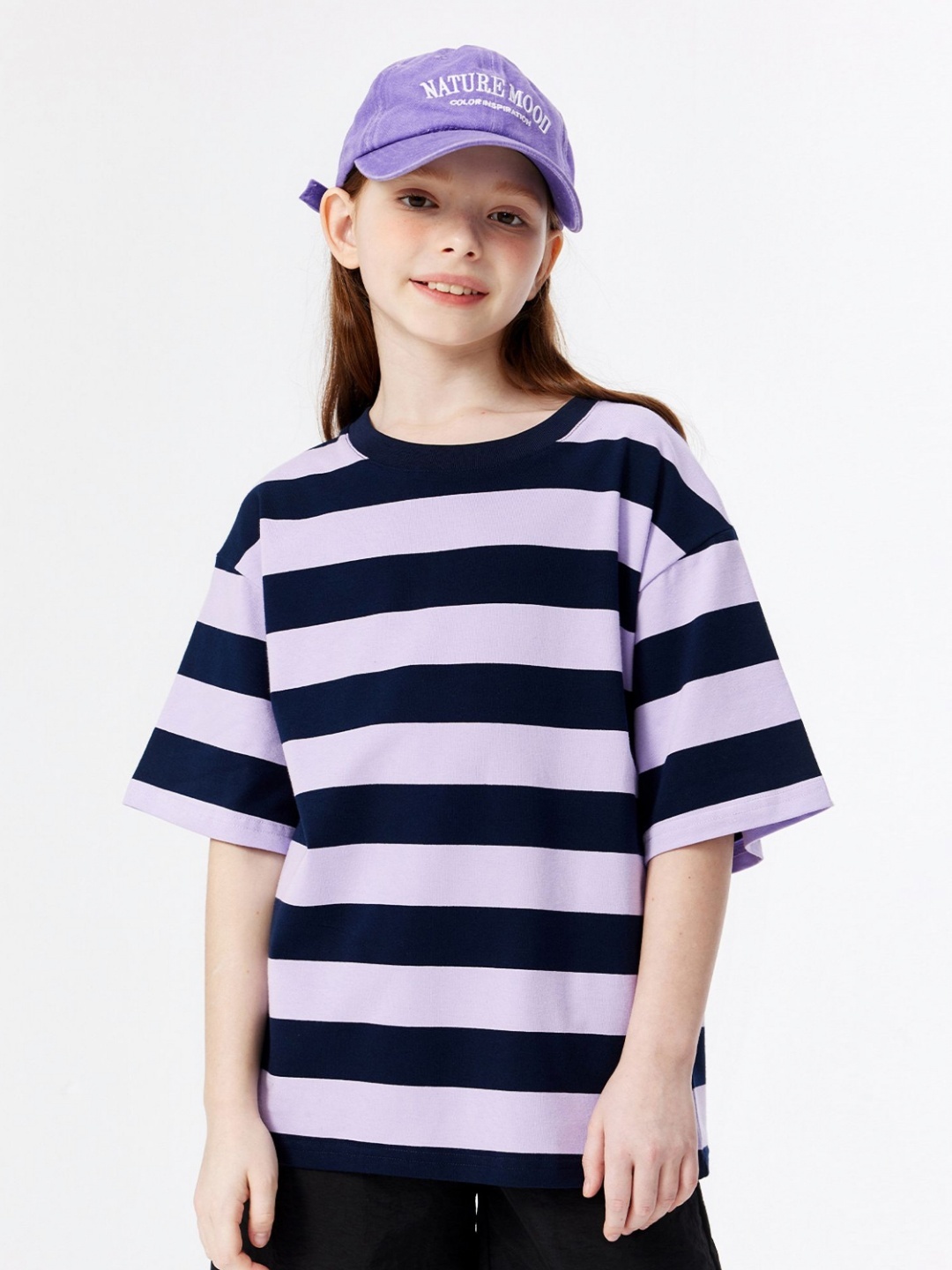 

LULU & SKY Girls Striped Round Neck Cotton Oversized T-shirt, Navy blue