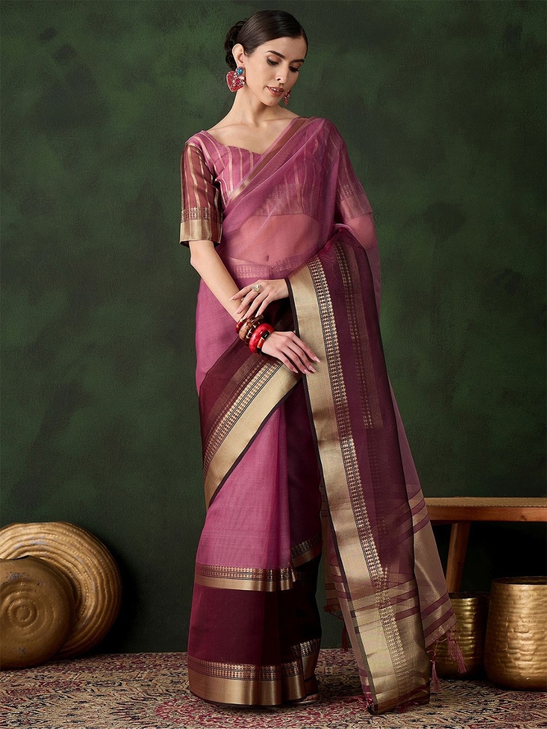 

ODETTE Wine Organza Woven Saree With Unstitched Blouse For Women, Pink