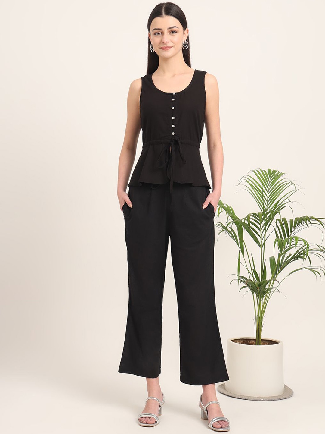 

Thevasa Round Neck Sleeveless Pure Cotton Top With Trousers, Black