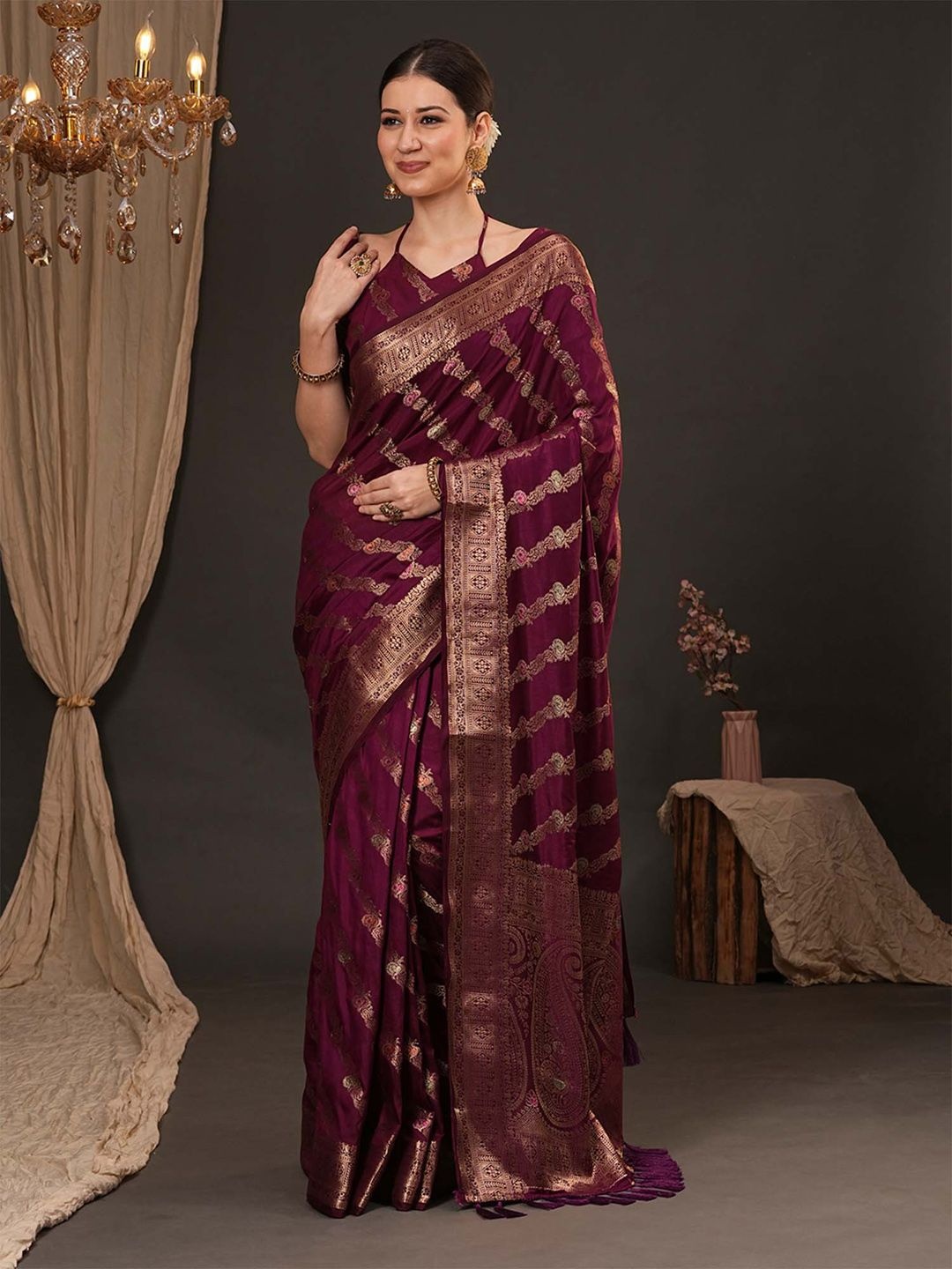 

Anouk Woven Design Zari Silk Blend Banarasi Saree, Purple