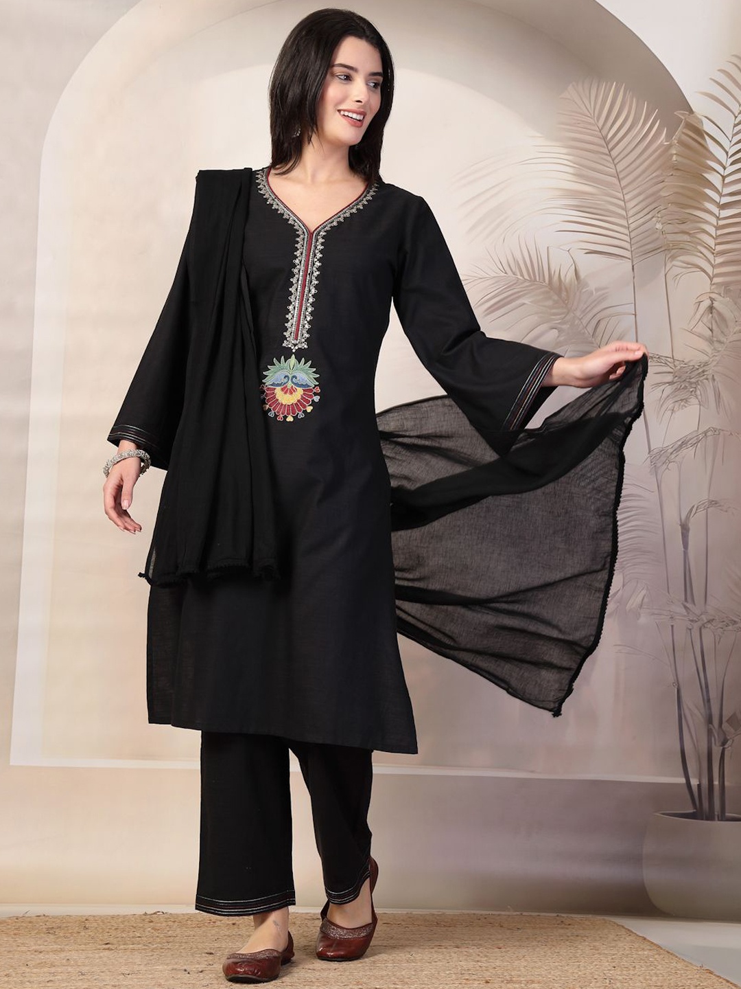 

Nayam By Lakshita Floral Yoke Design Kurta with Trouser & Dupatta, Black