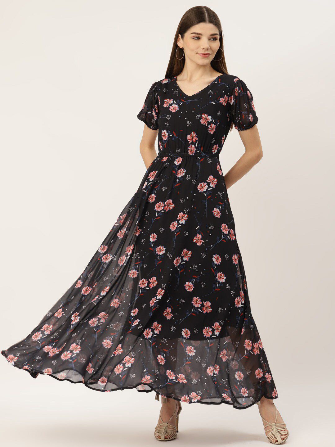 

DressBerry Floral Print Puff Sleeve Georgette Fit And Flare Maxi Dress, Black