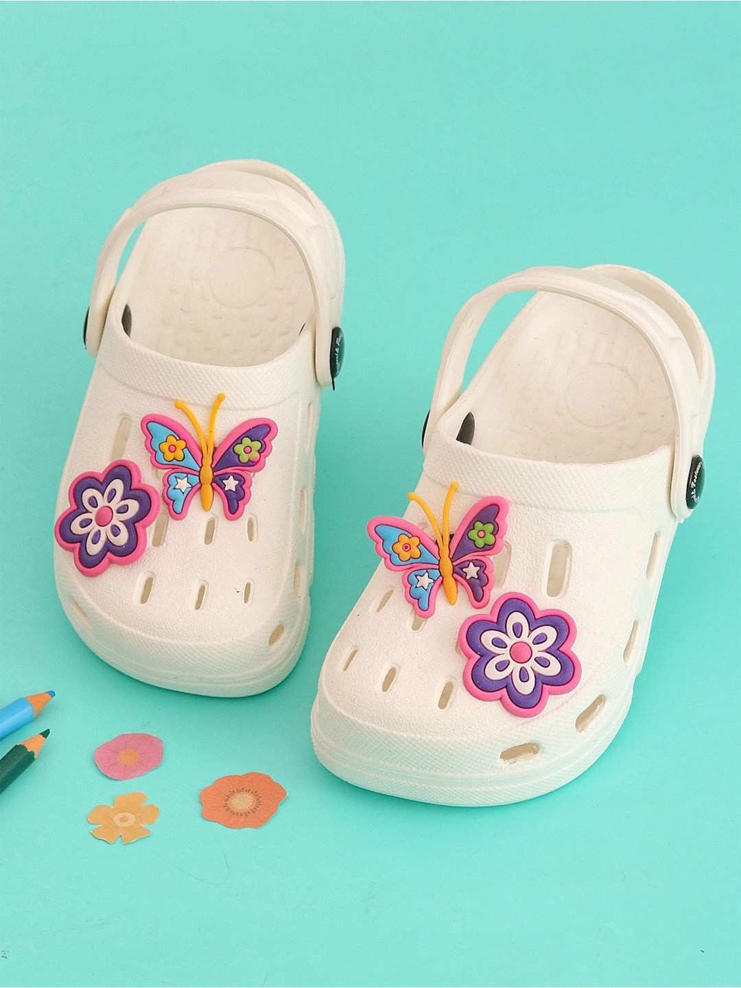 

Yellow Bee Girls Vibrant Butterfly and Floral Self Design Clogs, White