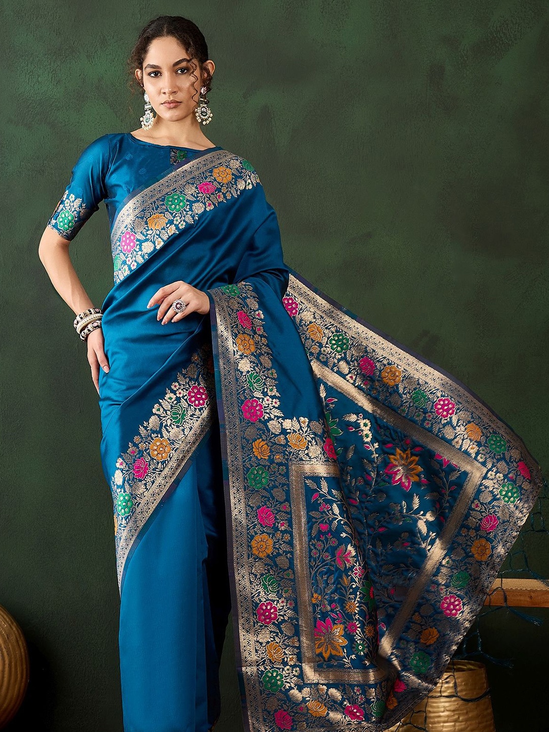 

MANVAA Floral Zari Banarasi Saree, Teal