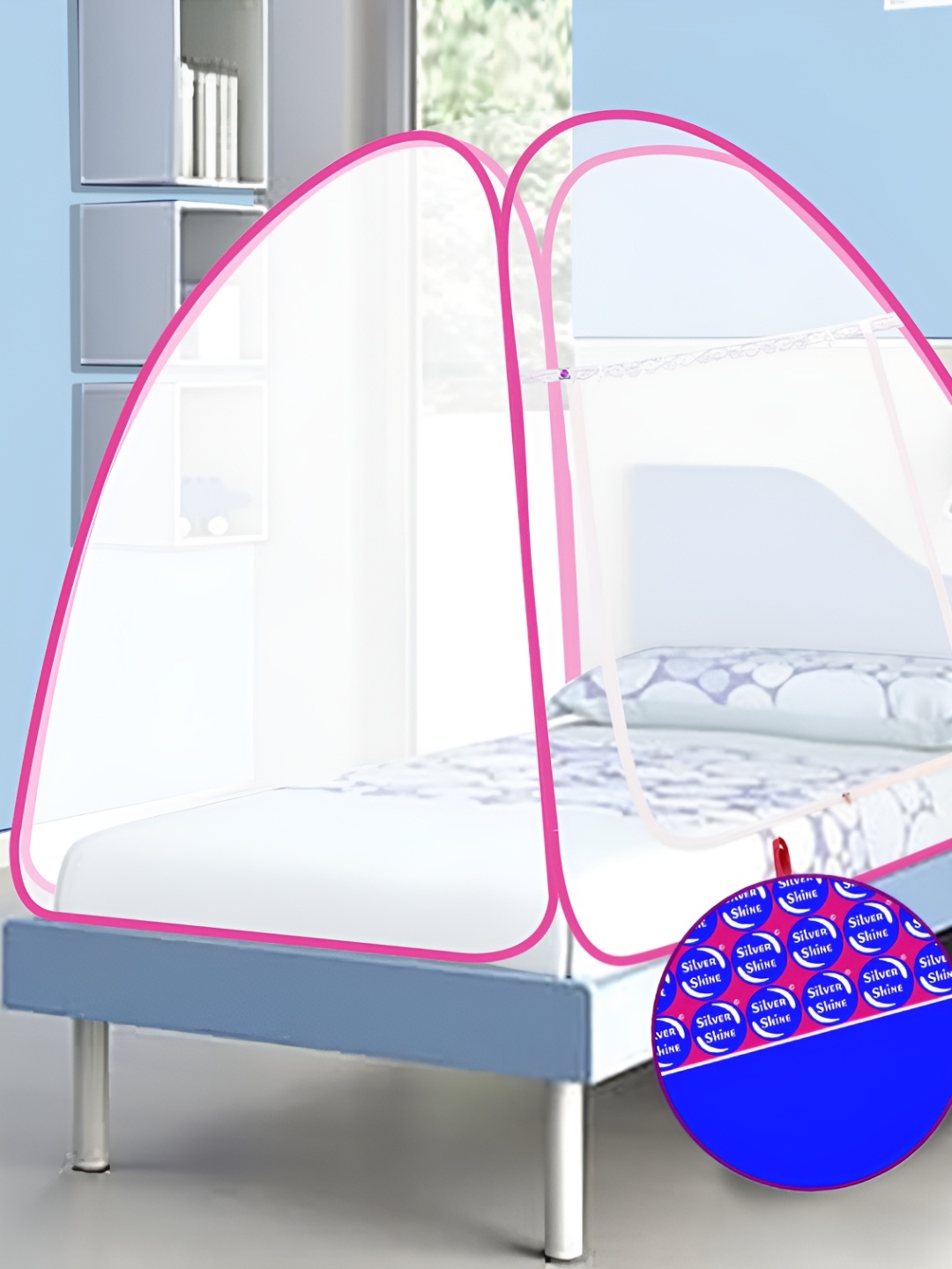 

Silver Shine Pink & White Single Bed Foldable Tent Mosquito Net