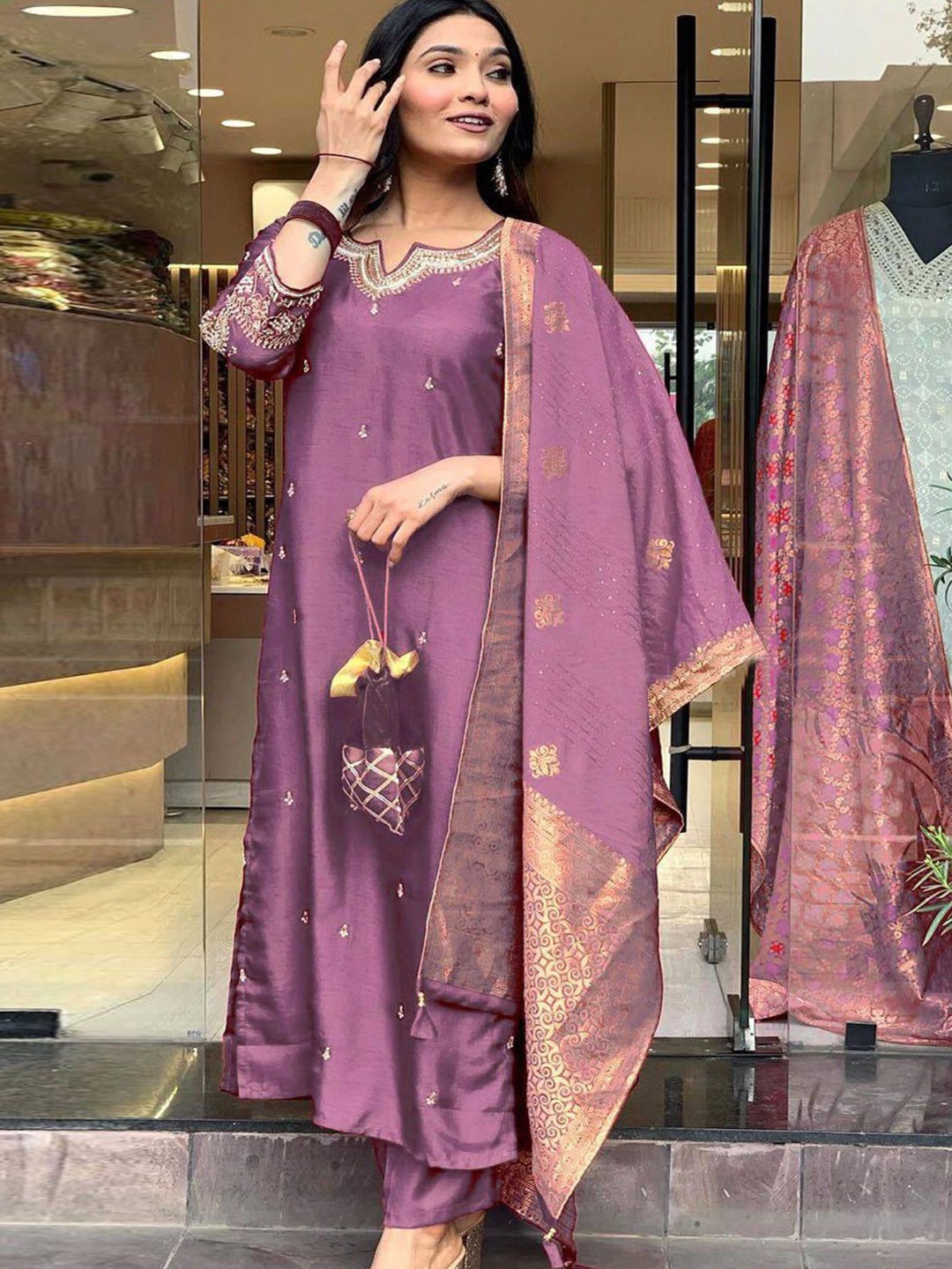 

SHIJILA Women Embroidered Regular Sequinned Kurta with Trousers & With Dupatta, Lavender