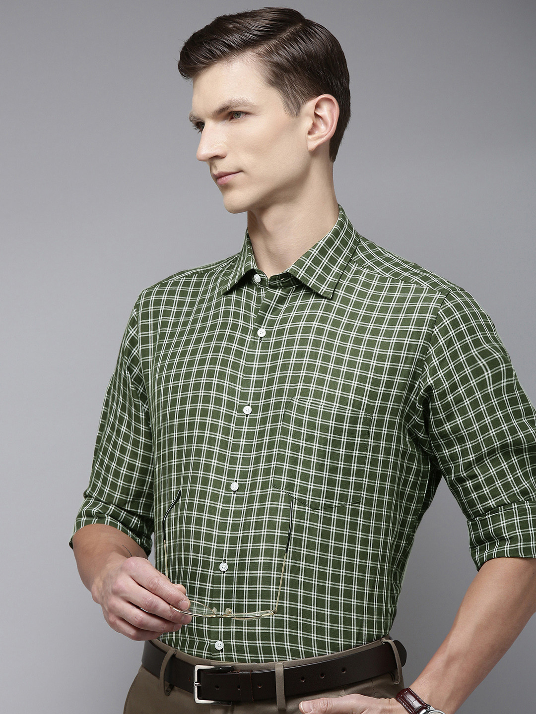 

Van Heusen Micro Checks Linen Cotton Formal Shirt, Olive
