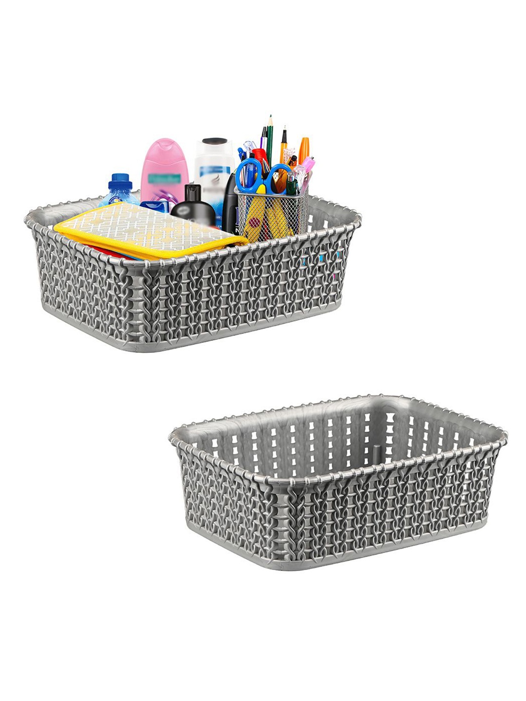 

Kuber Industries Grey Self Design Pack of 2 Small Multi-Purpose Basket For Storage