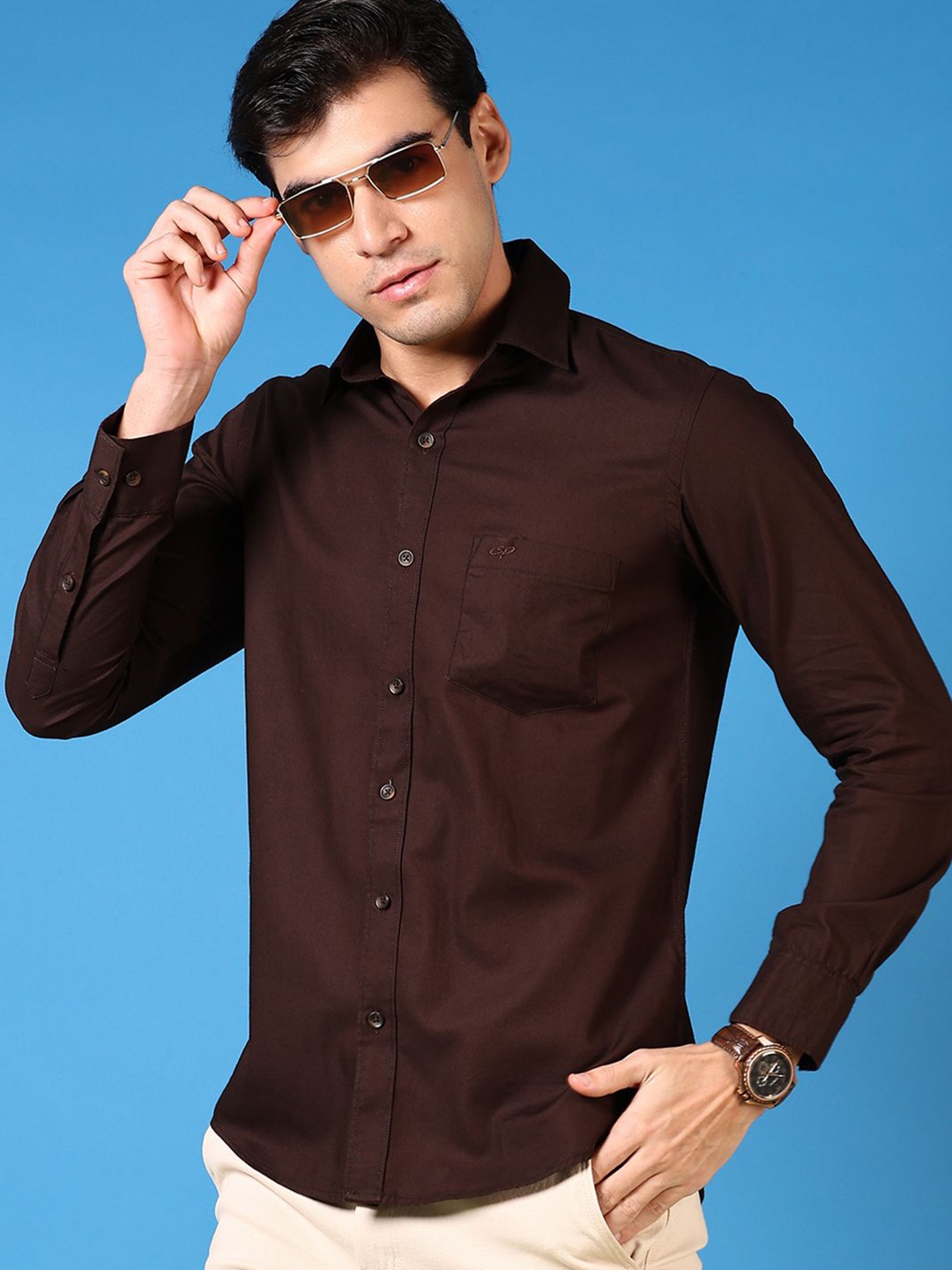 

V-Mart Men Spread Collar Solid Cotton Casual Shirt, Brown