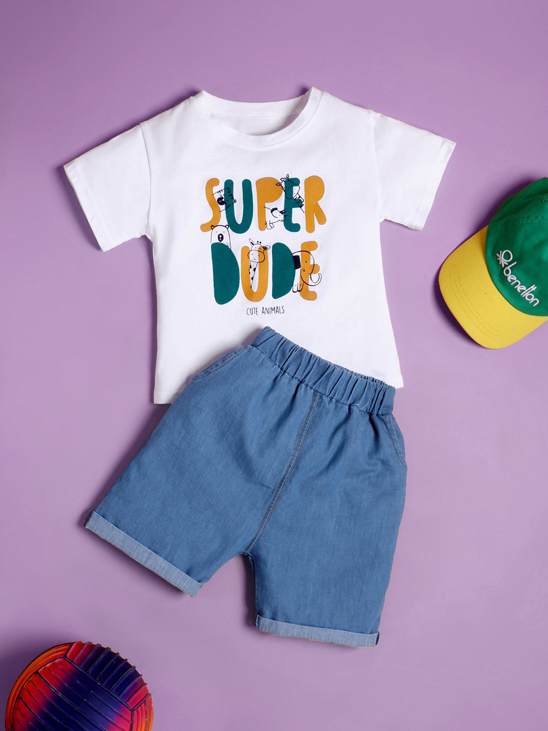 

HERE&NOW Boys Printed Round Neck Pure Cotton T-Shirt With Shorts, White