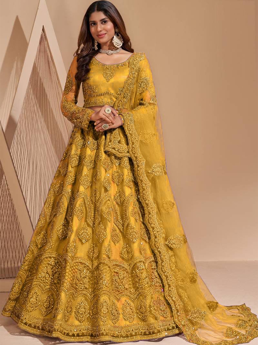 

ZAALIMA FASHION Floral Embroidered Thread Work Semi-Stitched Lehenga & Blouse With Dupatta, Mustard