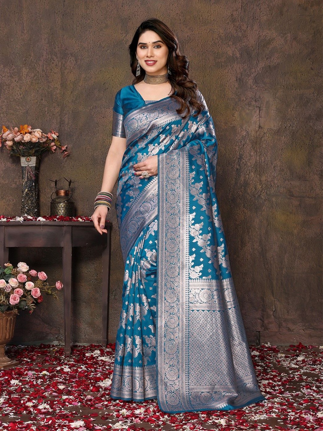 

KALINI Woven Design Printed Zari Banarasi Saree, Blue