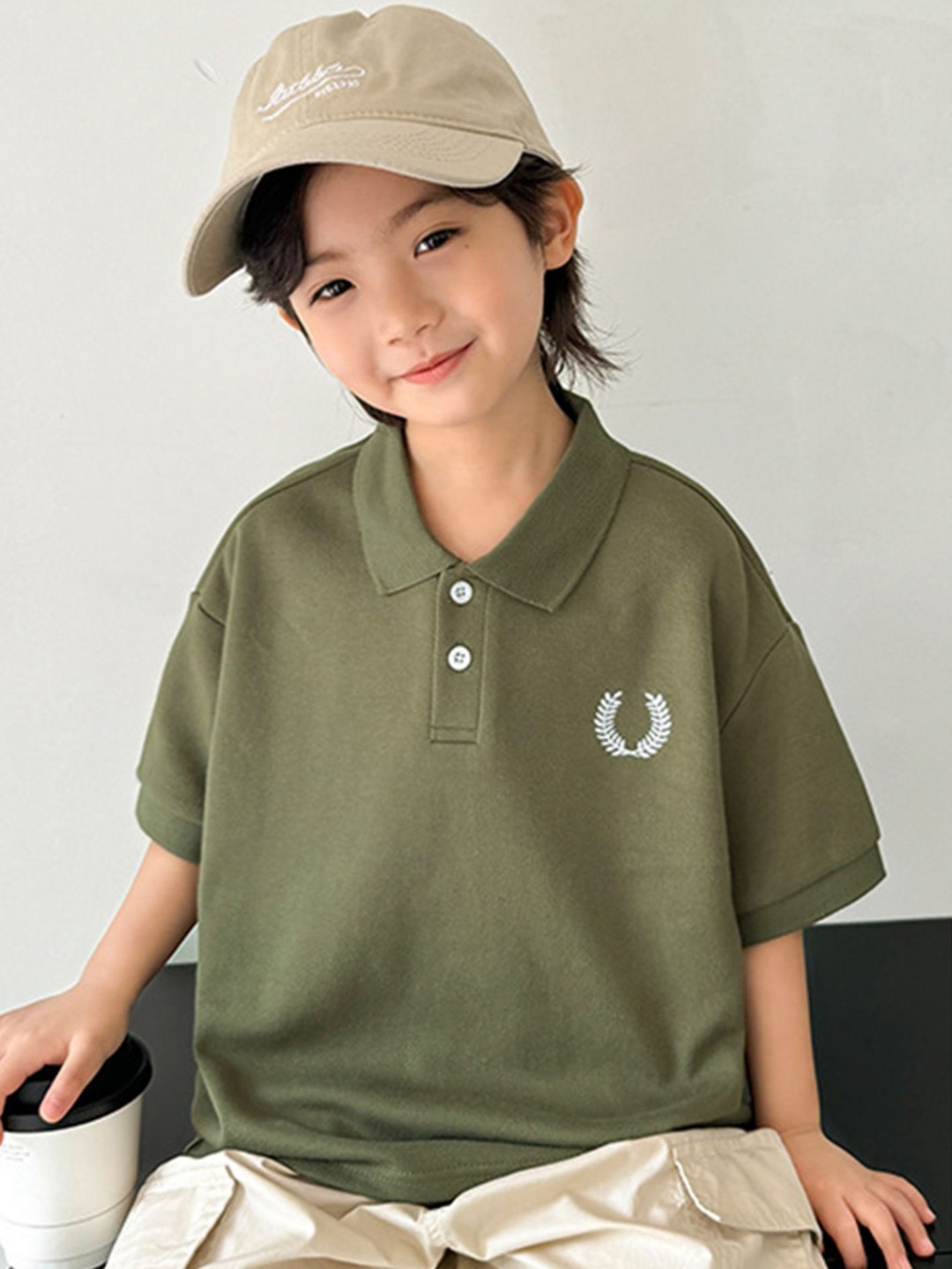 

LULU & SKY Boys Solid Polo Collar Cotton Boxy T-shirt, Olive