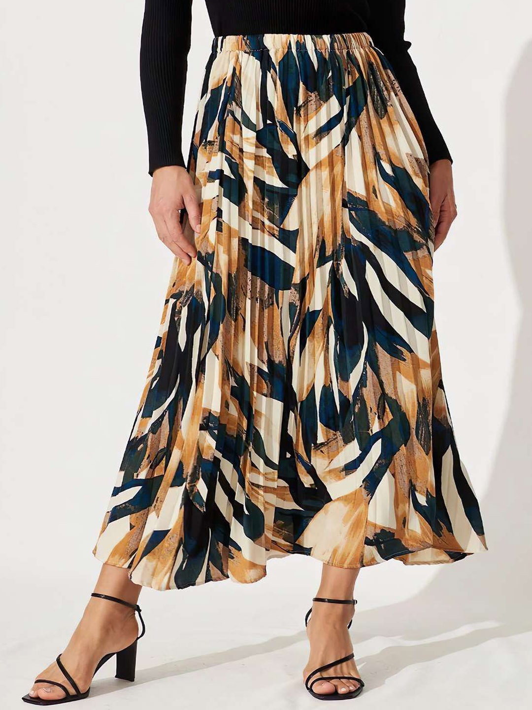 

ZWERLON Women Abstract Printed Flared Pleated Midi Skirt, Yellow