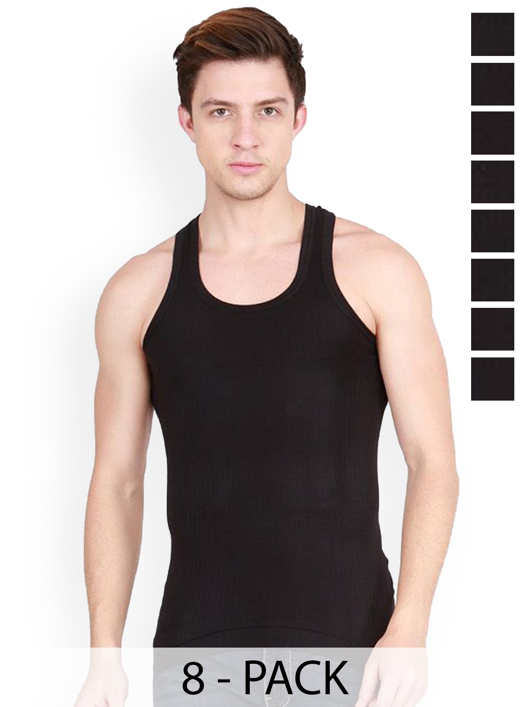 

Rupa Pack Of 8 Striped Pure Cotton Undershirt Vests Frontline-Xing-Black-RN-8-80
