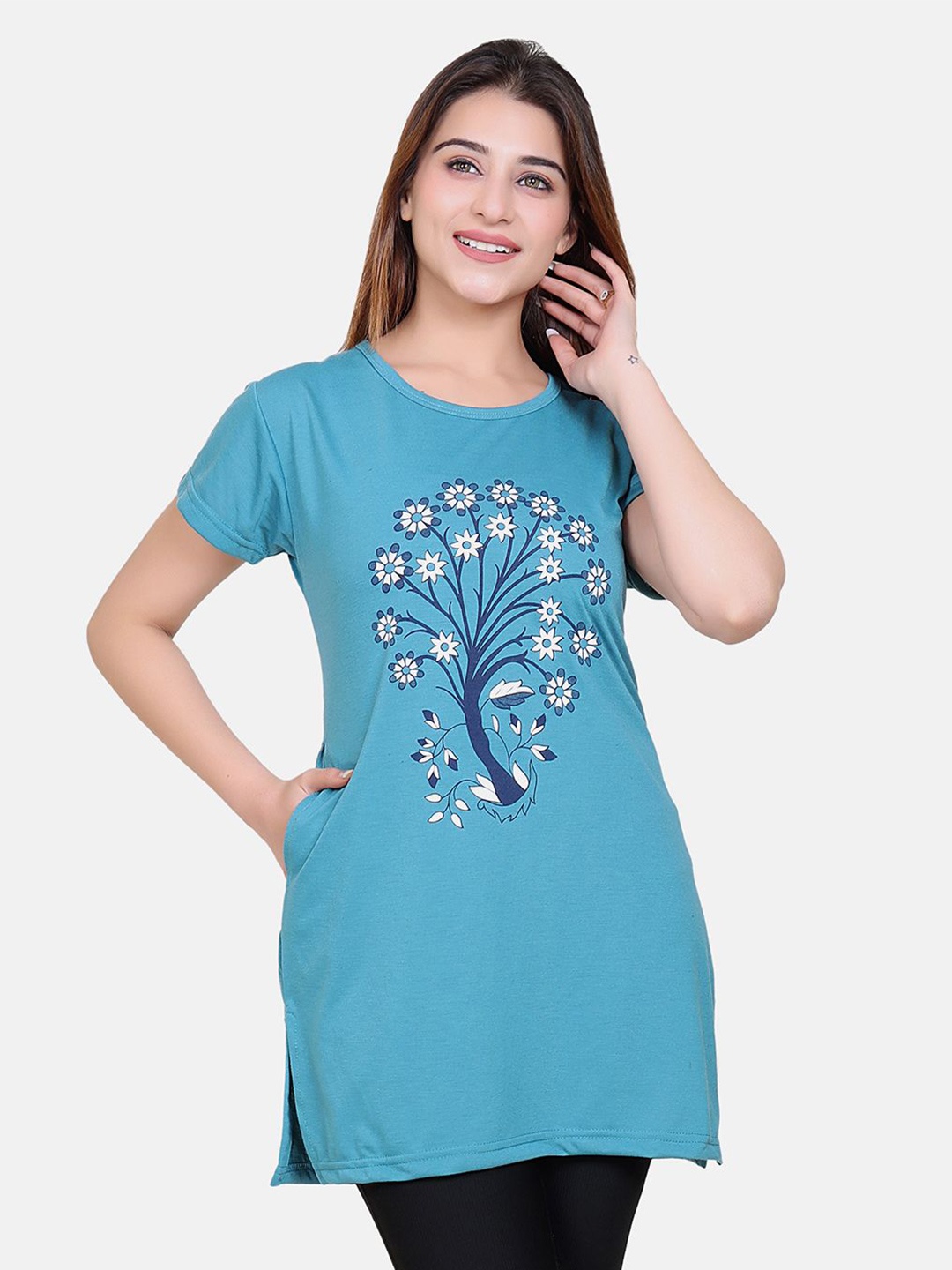 

Divine Girl Floral Printed Cotton Longline T-Shirt, Teal