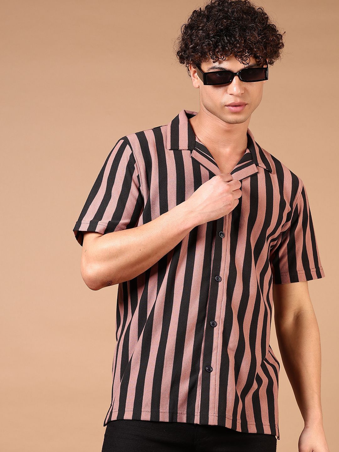 

V-Mart Men Cuban Collar Vertical Striped Cotton Casual Shirt, Mauve