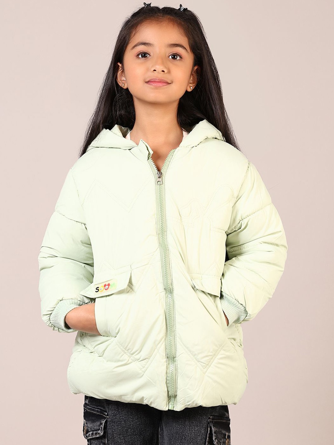 

V-Mart Girls Floral Quilted Jacket, Green