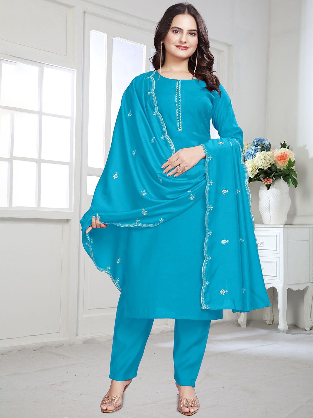 

SATPURUSH Stones & Beads Work Kurta With Trousers & Dupatta, Blue