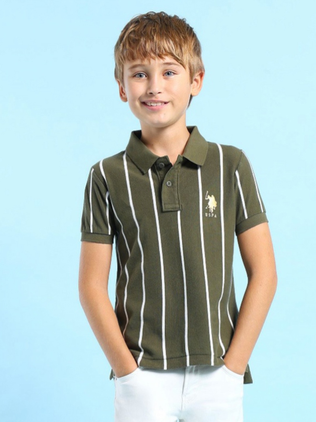 

U.S. Polo Assn. Kids Boys Striped Polo Collar Cotton T-shirt, Olive