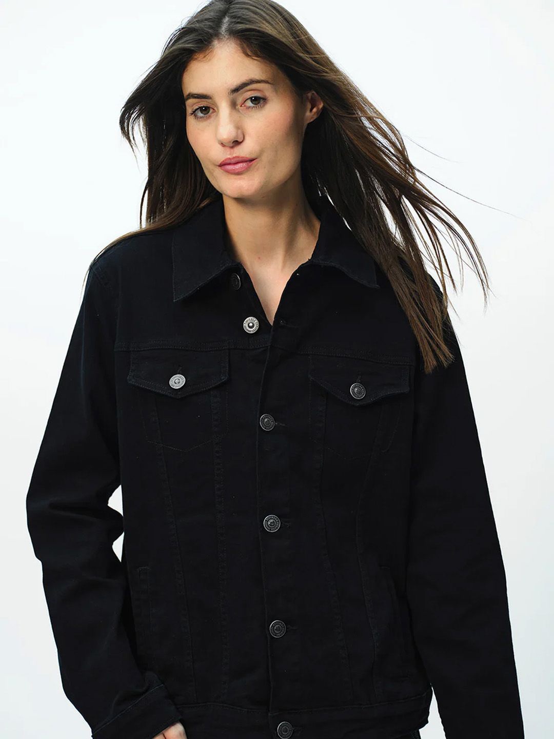 

Bonkers Corner Women Spread Collar Solid Casual Denim Jacket, Black