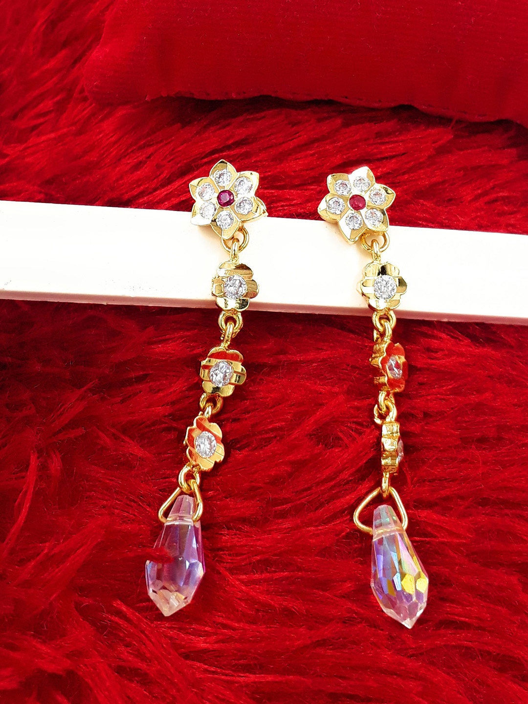 

Anujeet Fashion Hub Gold-Plated American Diamond Studded Contemporary Impon Drop Earrings