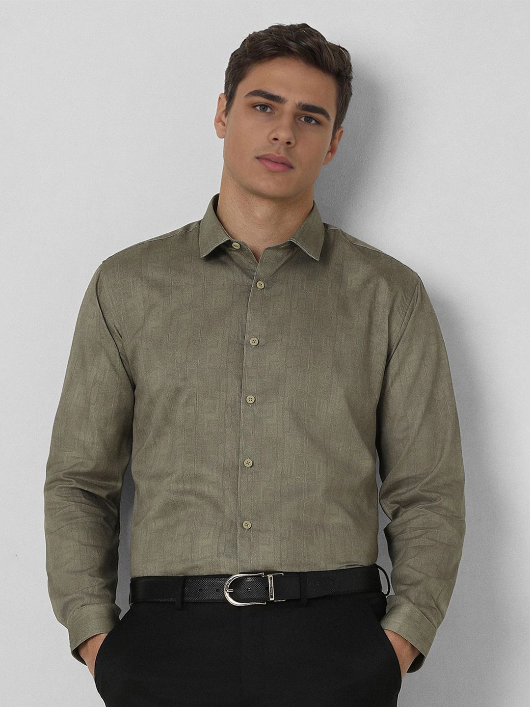 

V Dot Men Slim Fit Spread Collar Textured Cotton Formal Shirt, Olive