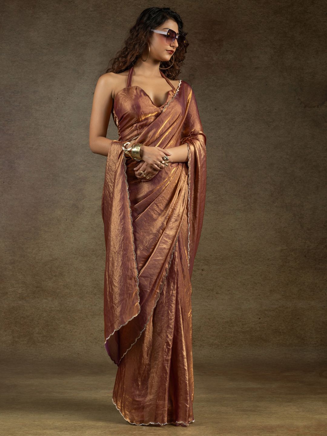 

Saree mall Beads and Stones Satin Ready to Wear Sarees, Bronze