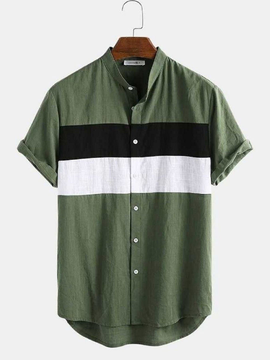 

iCome Men Band Collar Horizontal Striped Cotton Linen Casual Shirt, Green