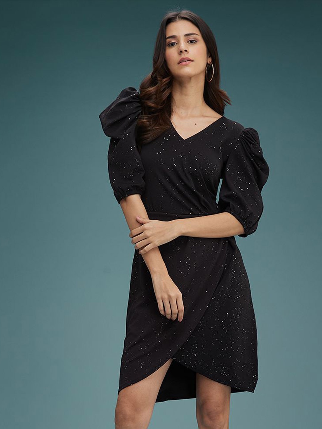 

DressBerry Women V-Neck Puff Sleeve Wrap Dress, Black